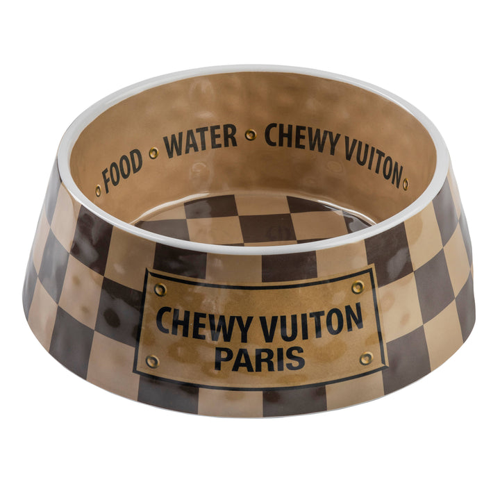 Checker Chewy Vuiton Dog Bowl, available in 3 sizes