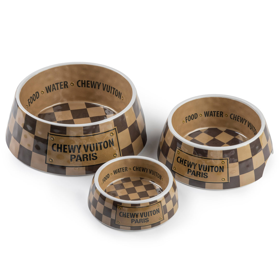 Checker Chewy Vuiton Dog Bowl, available in 3 sizes