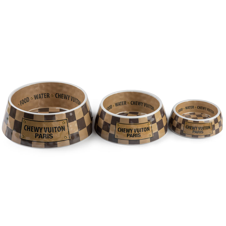 Checker Chewy Vuiton Dog Bowl, available in 3 sizes