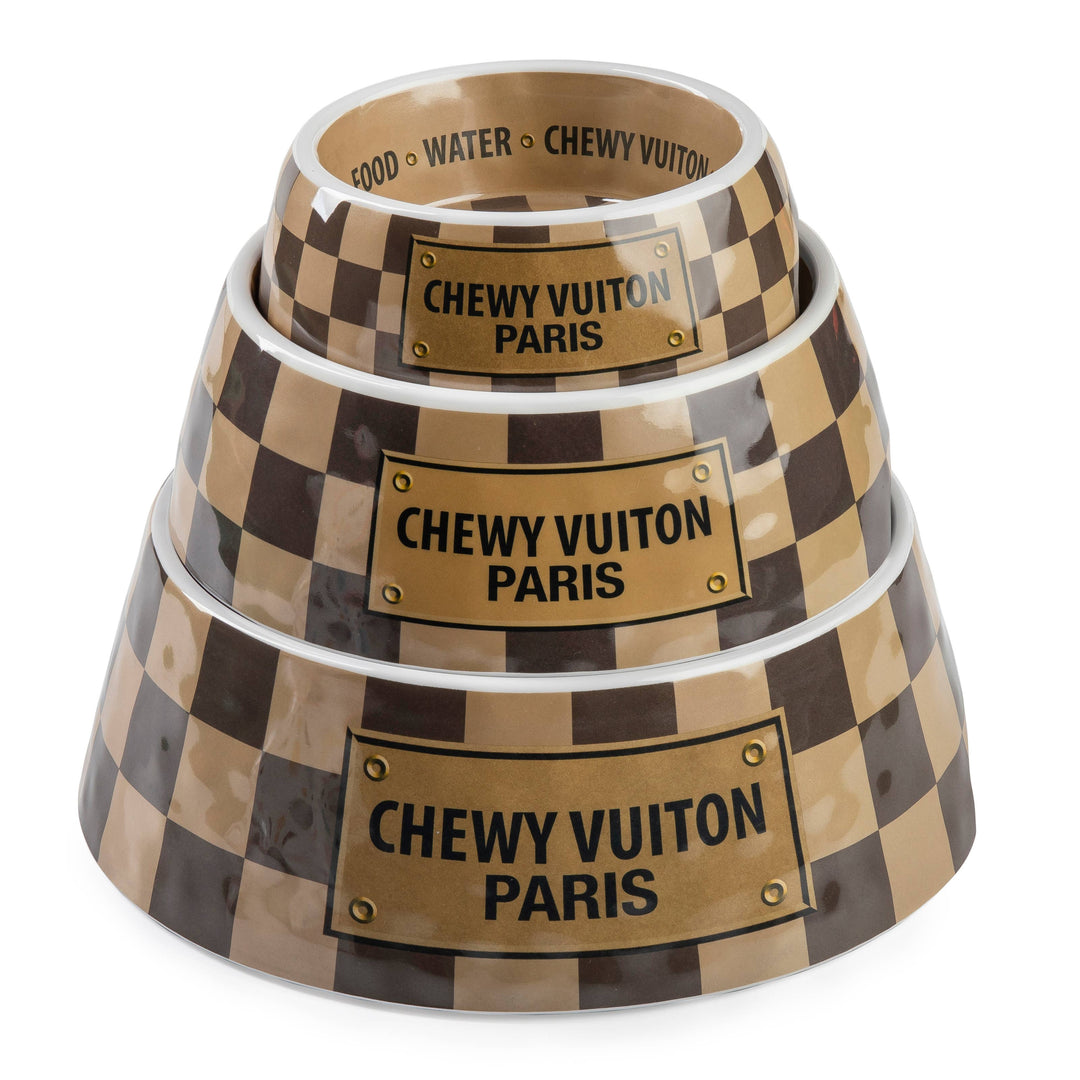 Checker Chewy Vuiton Dog Bowl, available in 3 sizes